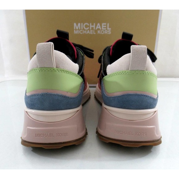 Michael Kors Theo Trainer Lace Up Sneakers Mk Logo Black Leather - Picture 9 of 11